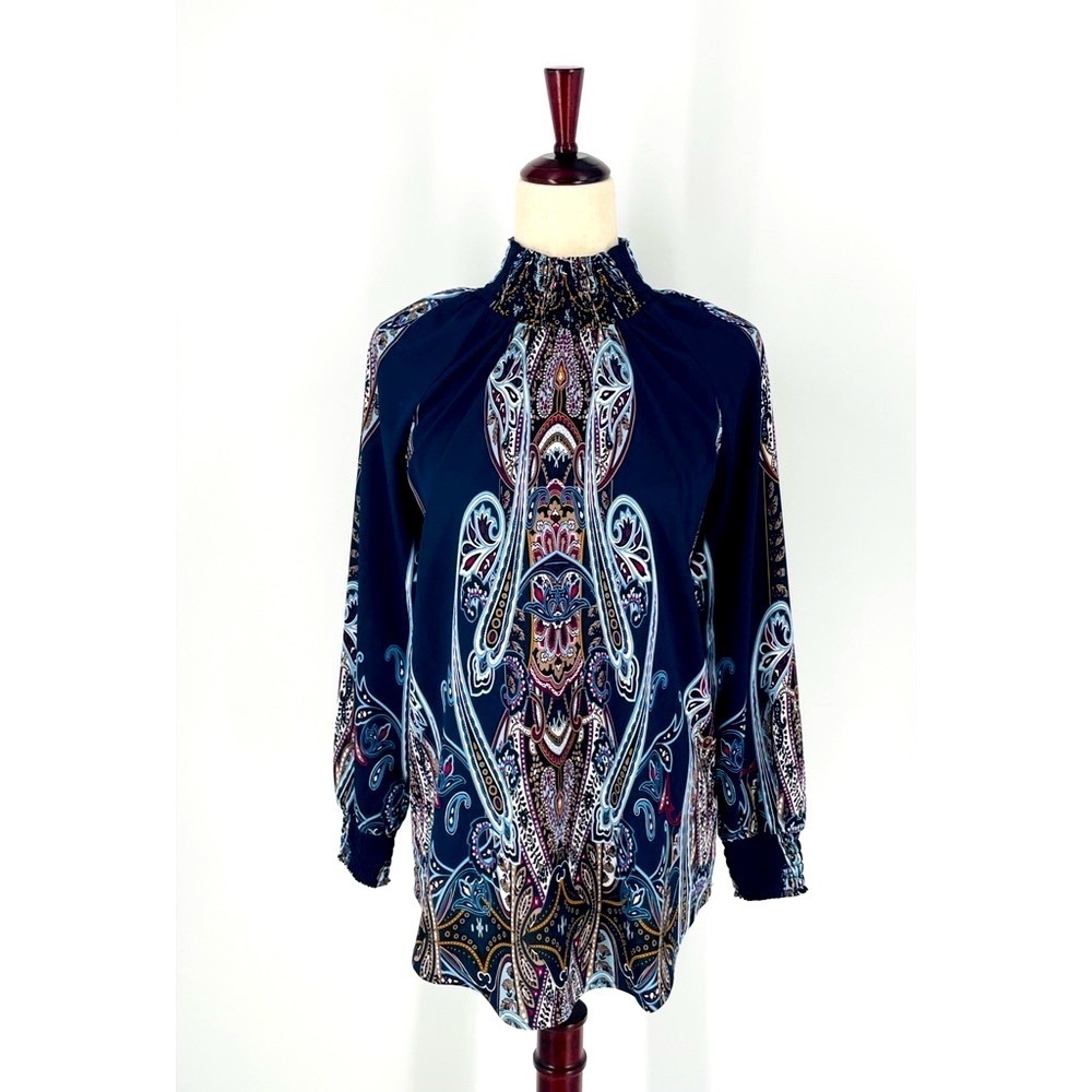 CHICOS - Paisley Nouveau Smocked Mock-Neck Top -  XS